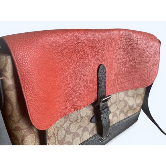 Coach Hudson Messenger Bag in Colorblock Terracotta Khaki Signature Leather - Picture 5 of 16